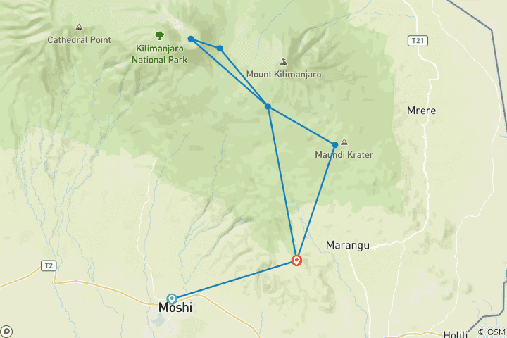 Karte von 6 Tage Kilimandscharo BesteigungMarangu Route