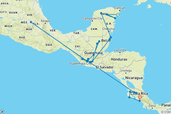 Map of Mexico to Costa Rica Youth Adventure  - 30 days