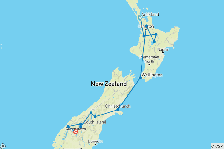 Carte du circuit Aventure jeunesse d'Auckland à Queenstown - 17 jours