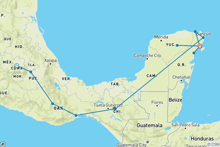 Kaart van Magisch Mexico Avontuur - 14 dagen