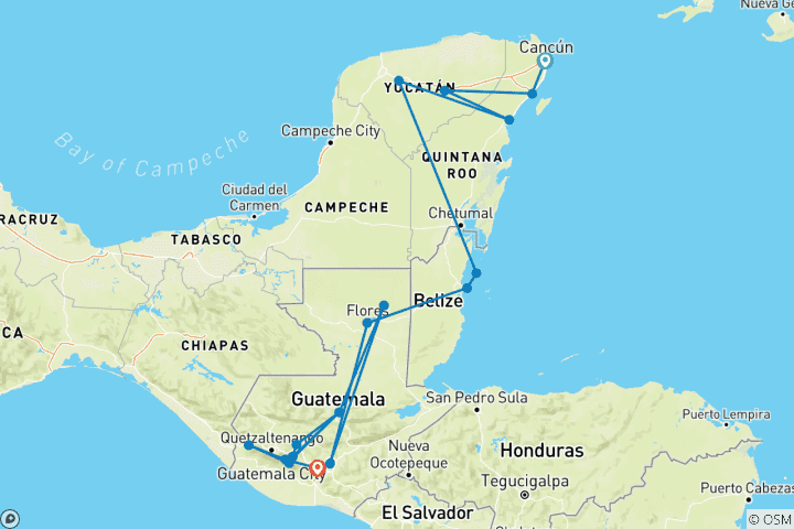 Mapa de Aventura Juvenil México, Belice y Guatemala - 18 días