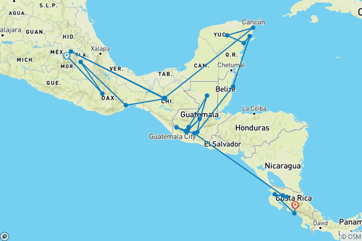 Map of Central America Youth Expedition  - 40 days