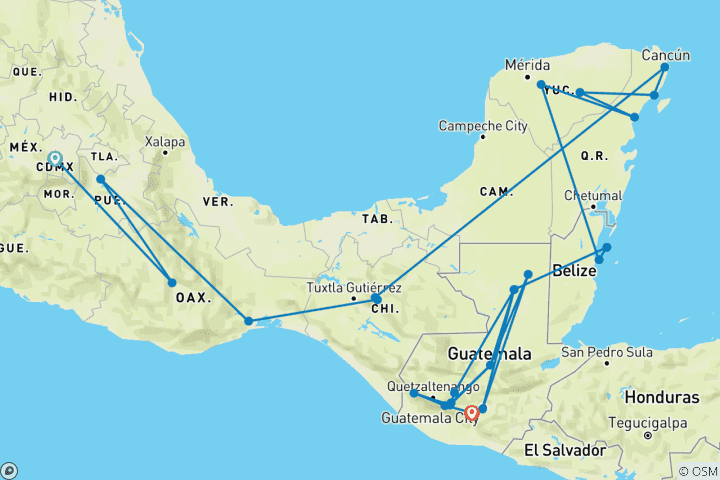 Carte du circuit Aventure jeunesse de Mexico à Antigua - 28 jours