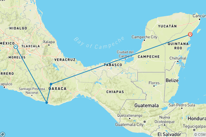 Kaart van 10-daags avontuur in Mexico: Mexico Stad, Puerto Escondido, Oaxaca, Hierve el Agua, Chichén Itzá & Tulum