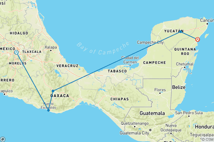 Map of 10-Day Mexico Adventure: Mexico City, Puerto Escondido, Oaxaca, Hierve el Agua,  Chichén Itzá & Tulum