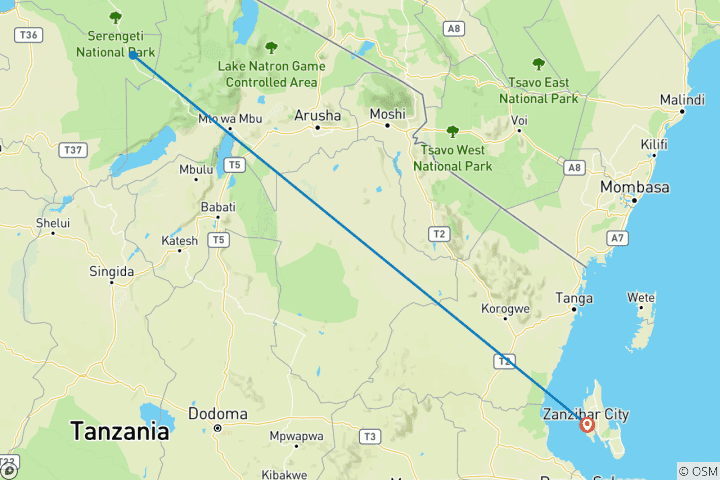 Map of 5 Days Affordable Annual Wildebeest Migration from Zanzibar