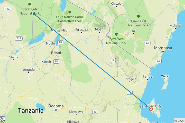 Mapa de Migración anual de ñus asequible durante 5 días desde Zanzíbar
