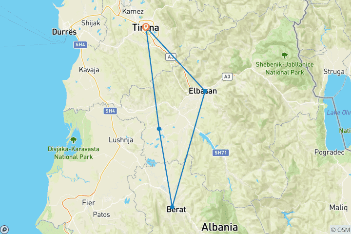 Kaart van Vanuit Tirana, Dagtocht: Berat