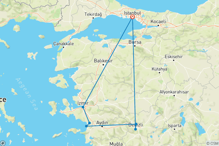 Map of 3 Days Pamukkale and Ephesus Tour with Hot Air Ballon Flight