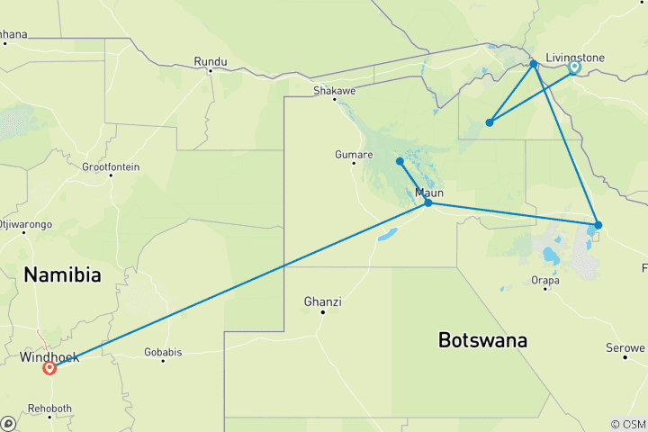 Map of 8-day Chobe & Okavango Delta Express (Accommodated)