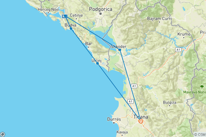Carte du circuit Au départ de Tirana, 2 jours : Budva - Kotor