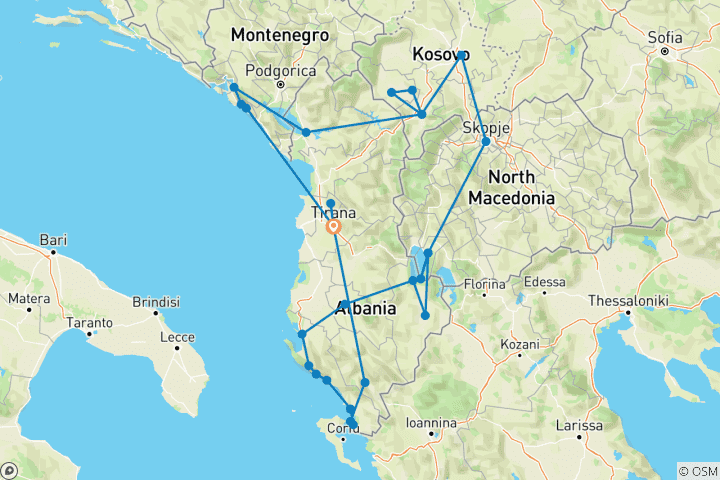Map of From Tirana, 15 Day Tour: Albania, Montenegro, Kosovo & North Macedonia