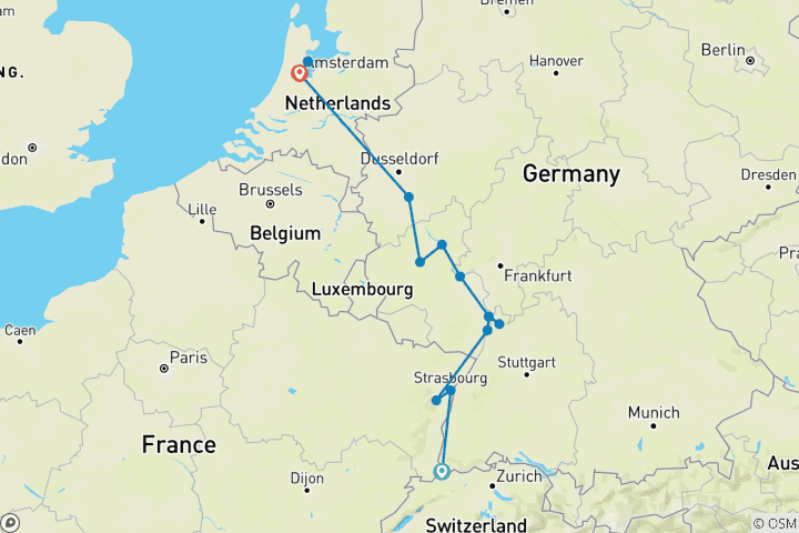 Mapa de Crucero Clásico por el Rin (Basilea - Ámsterdam)