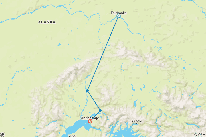 Map of Alaska's Northern Lights  (Fairbanks, AK to Anchorage, AK)