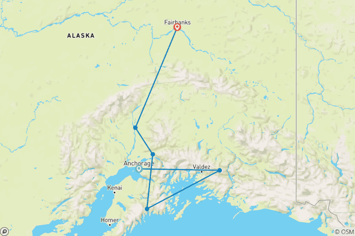Map of Alaska's Northern Lights featuring the Alaska Wildlife Conservation Center (Anchorage, AK to Fairbanks, AK)