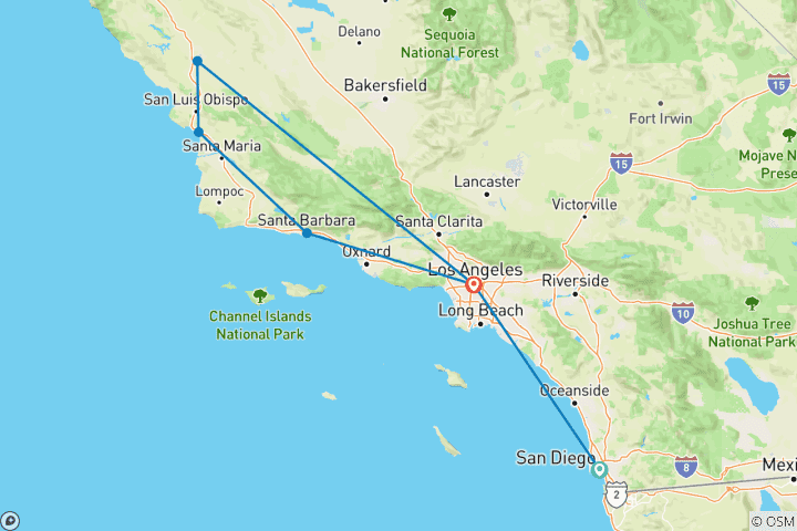 Carte du circuit Parcs nationaux Sequoia et Kings Canyon avec San Diego et la côte centrale de la Californie (de San Diego, CA à Los Angeles, CA) (2026)