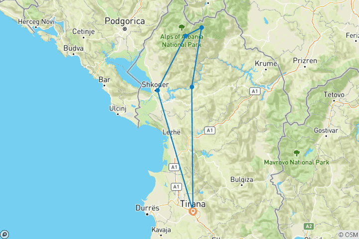 Carte du circuit 3 jours de randonnée dans les Alpes albanaises, col de Valbona