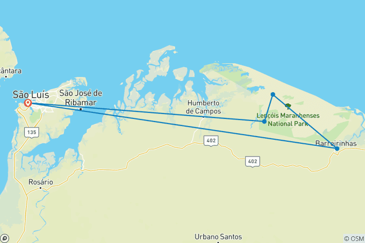 Carte du circuit 5 jours de randonnée et de kayak dans le parc national des Lençois Maranhenses