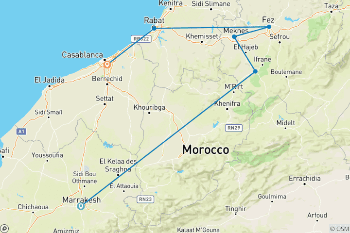 Karte von Marokko Rundreise 8 Tage - Marokkos Königsstädte