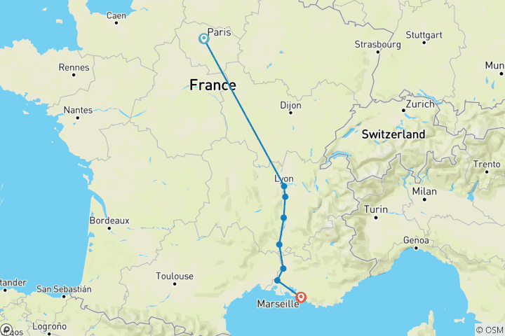 Carte du circuit Paris & Sensations printanières de Lyon et de la Provence 2026 - 10 jours (from Paris to Marseille)