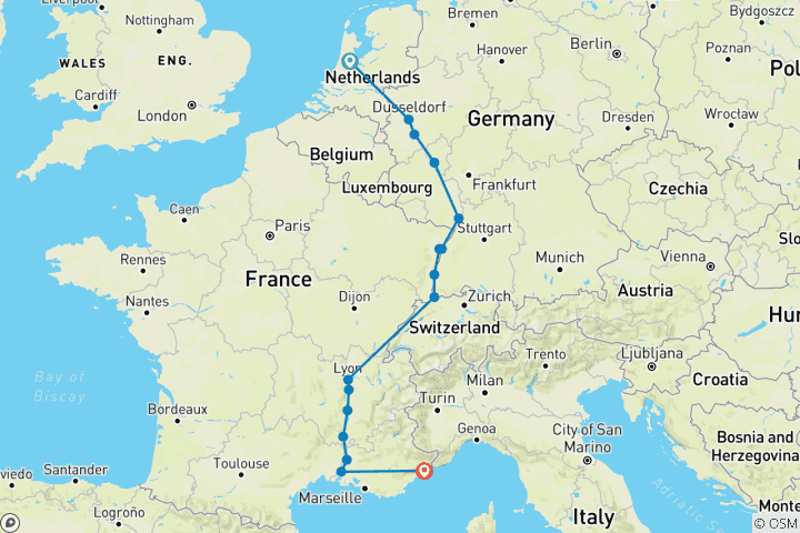 Map of Discover the Tulips of the Rhine & Rhone rivers 2026 - 15 Days (from Amsterdam to Nice)