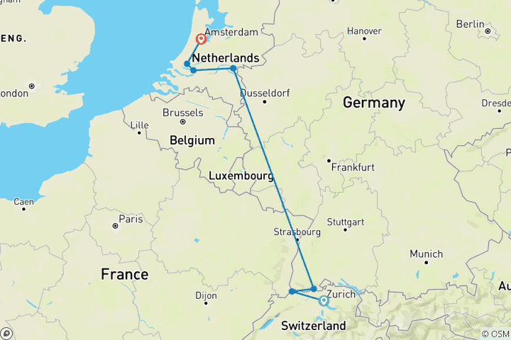 Kaart van Rijn Kastelen & Moezel Wijngaarden 2026|2027 - 11 Dagen (van Zurich naar Amsterdam)