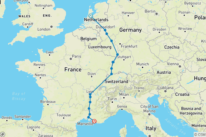 Carte du circuit Découvrez les tulipes du Rhin et du Rhône 2026 - 15 jours (from Amsterdam to Marseille)