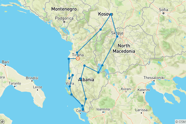 Karte von Perlen von Albanien, Nordmazedonien und Kosovo in 9 Tage
