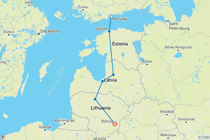 Carte du circuit Odyssée de la Baltique : Un voyage de 8 jours d'Helsinki à Vilnius (visite privée)