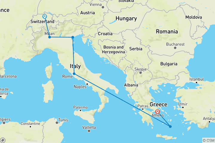 Carte du circuit Des sommets suisses aux rivages grecs : 15 jours de beauté européenne avec le lac de Lugano en option