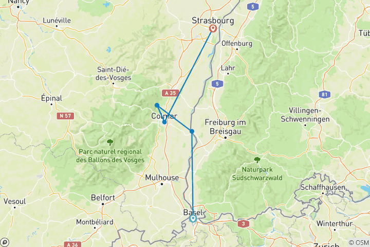 Map of Magical Christmas extravaganzas in Switzerland and Alsace along the Rhine (port-to-port cruise) - GERARD SCHMITTER