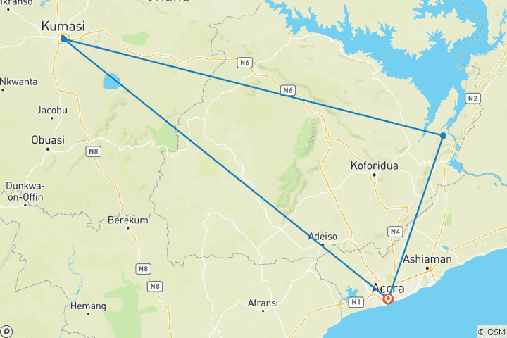 Mapa de Aventura Clásica en Ghana: Festivales Culturales y Parques Nacionales