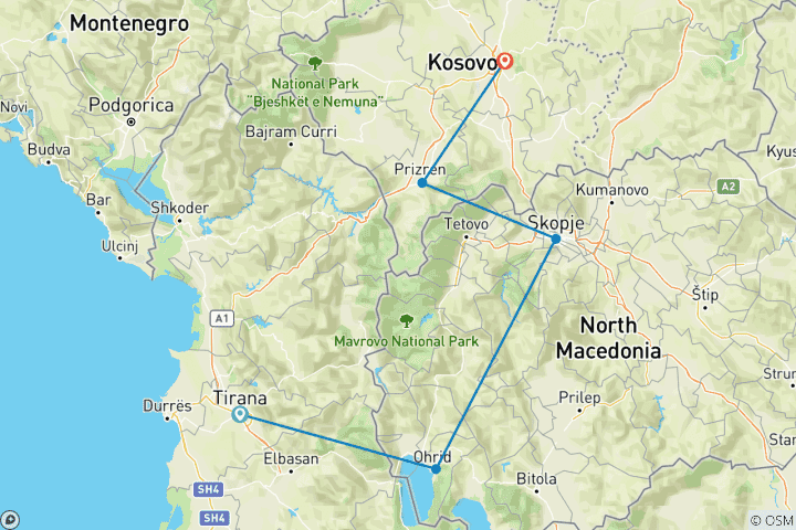 Mapa de Aventura en Kosovo y Macedonia: De Tirana a Pristina