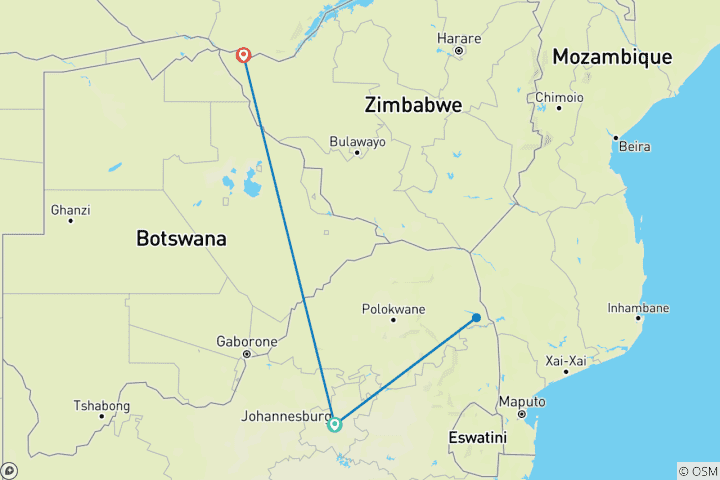 Carte du circuit Découverte de l'Afrique du Sud et du Zimbabwe : Du Kruger aux chutes Victoria