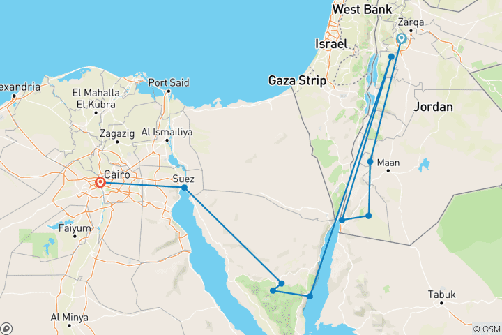 Carte du circuit De la Jordanie à l'Égypte : Camping dans le Wadi Rum et baignade dans la Mer Morte