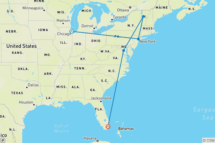Carte du circuit Aventure aux États-Unis : City Hopping sur la côte Est (15 destinations)