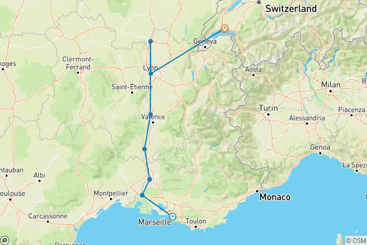 Carte du circuit Sensations de Lyon et de la Provence avec les montagnes suisses