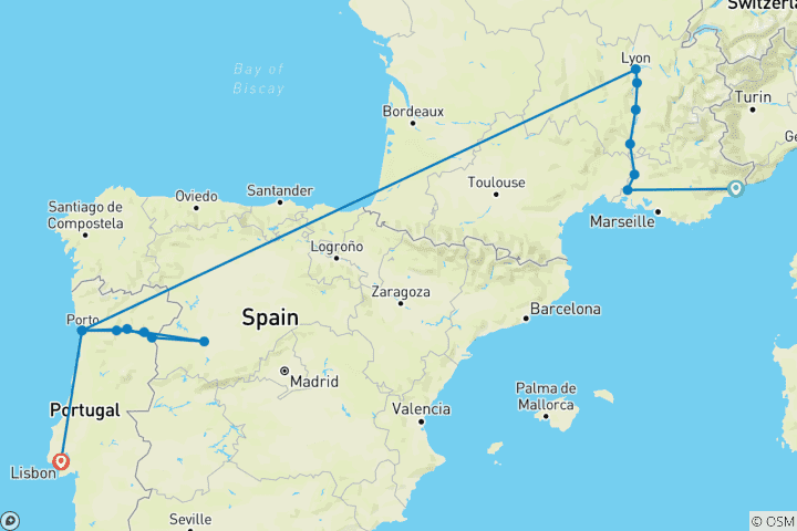 Carte du circuit Découvrez les rivières de France et du Portugal et Lisbonne 2026 - 18 jours