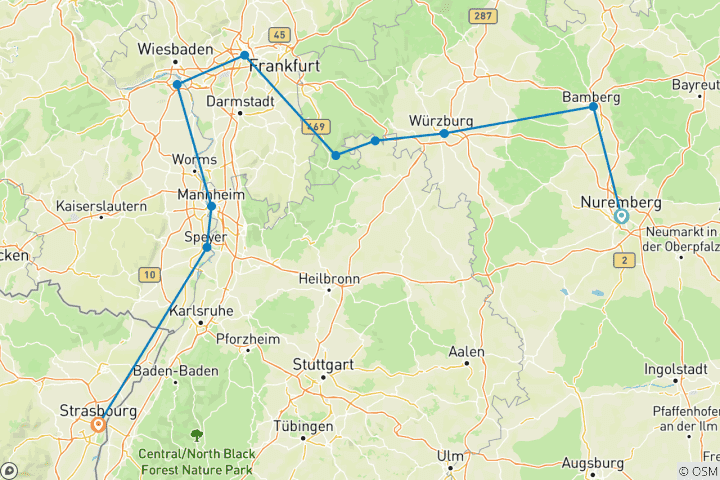 Carte du circuit La magie de l'Avent sur le Rhin et le Main (Nuremberg - Strasbourg)