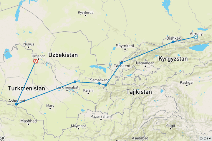 Map of 5 Stans Adventure – Turkmenistan Uzbekistan Tajikistan Kyrgyzstan Kazakhstan