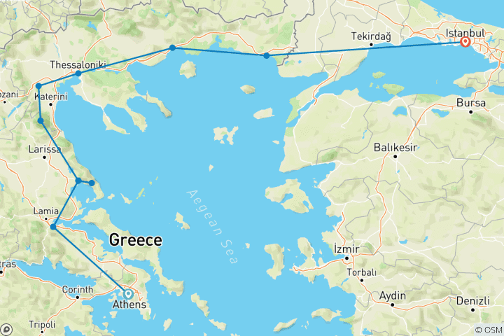 Mapa de Grecia y Turquía: viaje de aventura de Atenas a Estambul