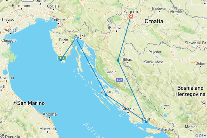 Carte du circuit Hiver en Croatie avec les lacs de Plitvice et la côte adriatique (d'Opatija à Zagreb) (2026)