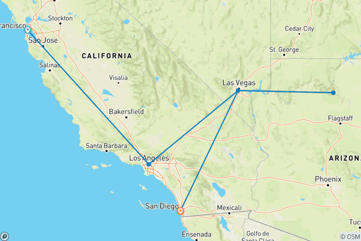 Kaart van Roadtrip VS: cruisen van de Strip naar de kust (van San Francisco naar San Diego)