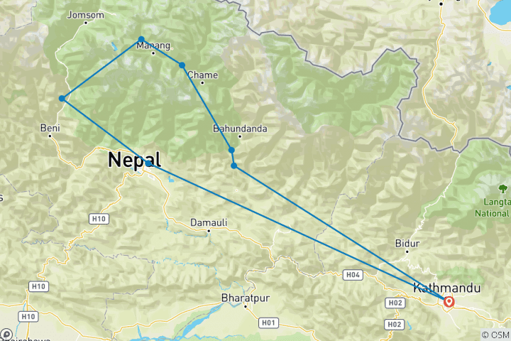 Map of Annapurna Circuit via Kang La and Nar