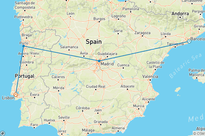 Carte du circuit 9 jours - Barcelone, Madrid, Porto et Lisbonne