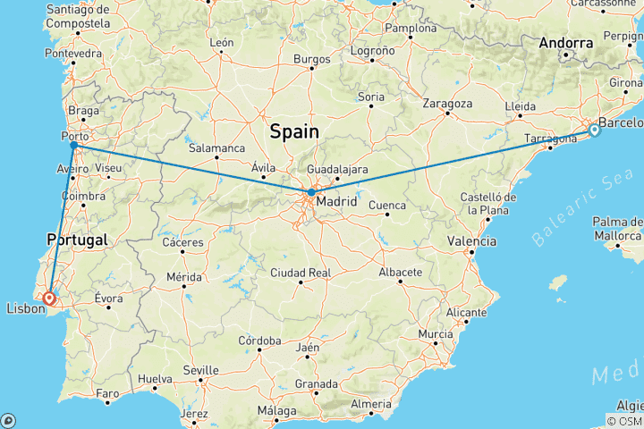 Map of 9 Day-Barcelona, Madrid, Porto and Lisbon
