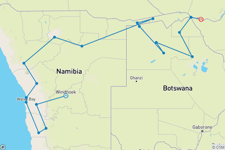 Karte von Trans-Kalahari-Reise durch Namibia, Botswana und Simbabwe