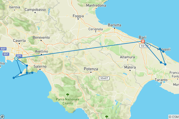 Carte du circuit Amalfi et les Pouilles en 8 jours !