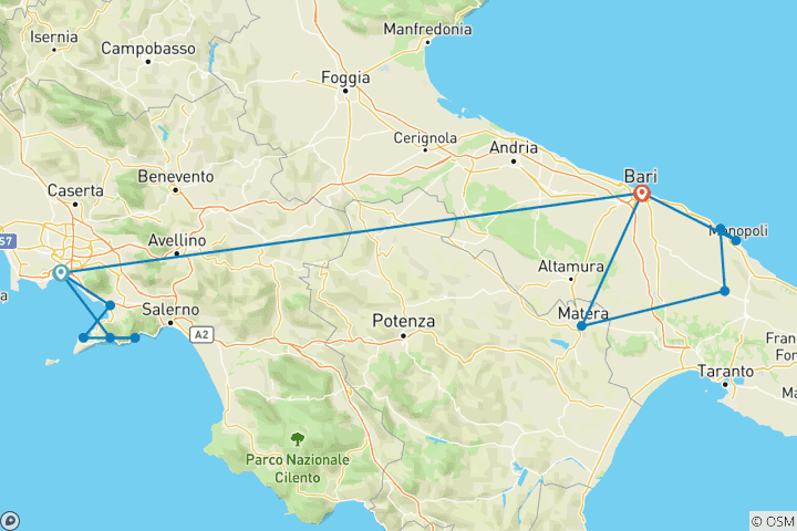 Karte von Amalfi & Apulien in 8 Tagen!