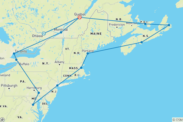 Carte du circuit Croisière Couleurs de l'Est du Canada et de la Nouvelle-Angleterre 2026 - 24 jours (including Portland)